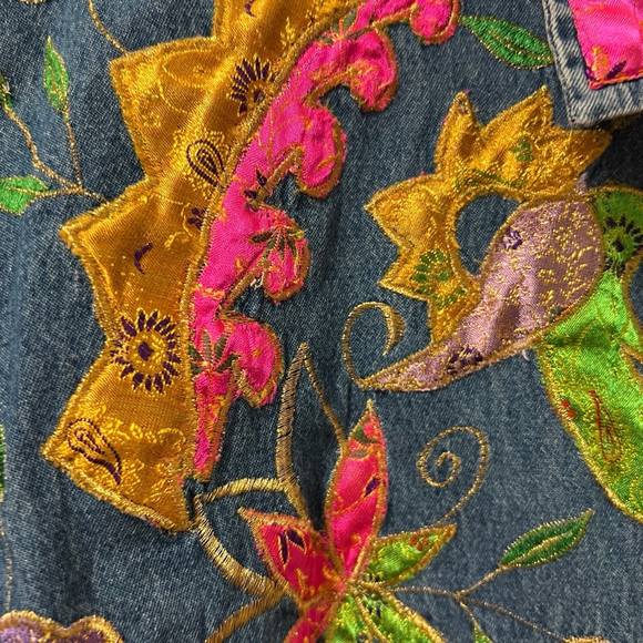 Carolina Blues Plus Denim Jacket 20W Embroidered Floral Boho Pink Collar - Picture 9 of 16